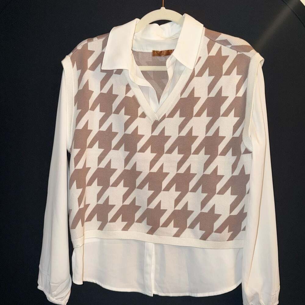 Brown White Houndstooth 2-in-1 Layered Sweater Vest Blouse
